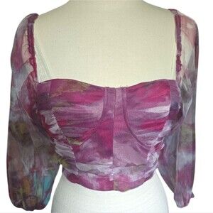 Pink Floral Ruched Crop Blouse W 3/4 Sleeves - M